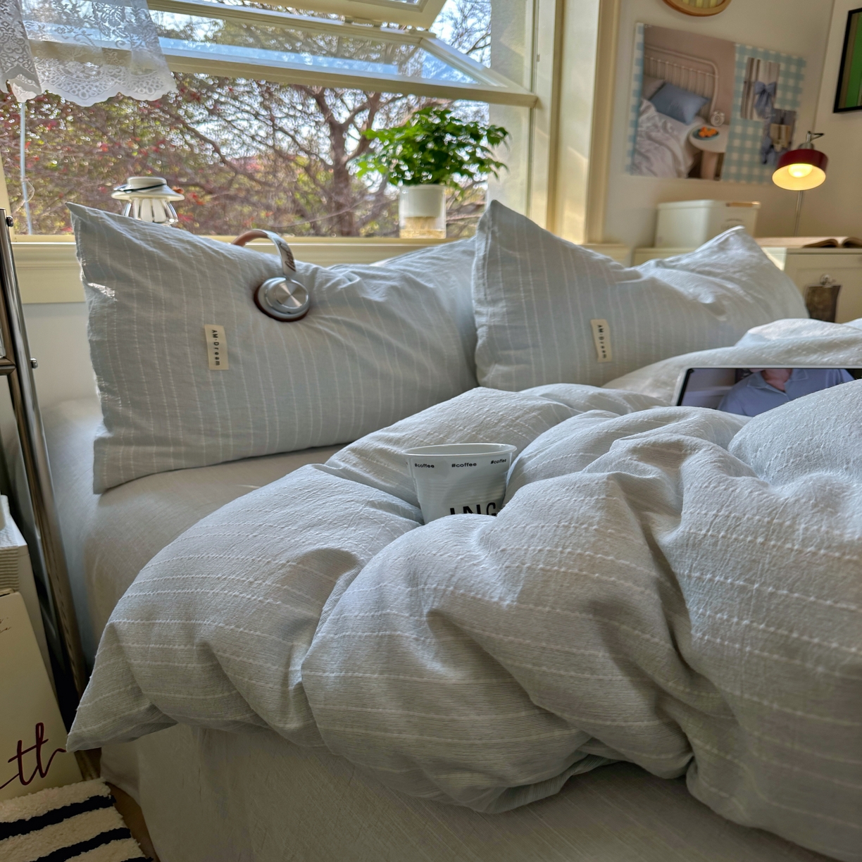 91家纺网 家纺一手货源 找家纺 优兰朵家纺 2026新款简约素色亚麻风纯色无印四件套 浅蓝灰-素然