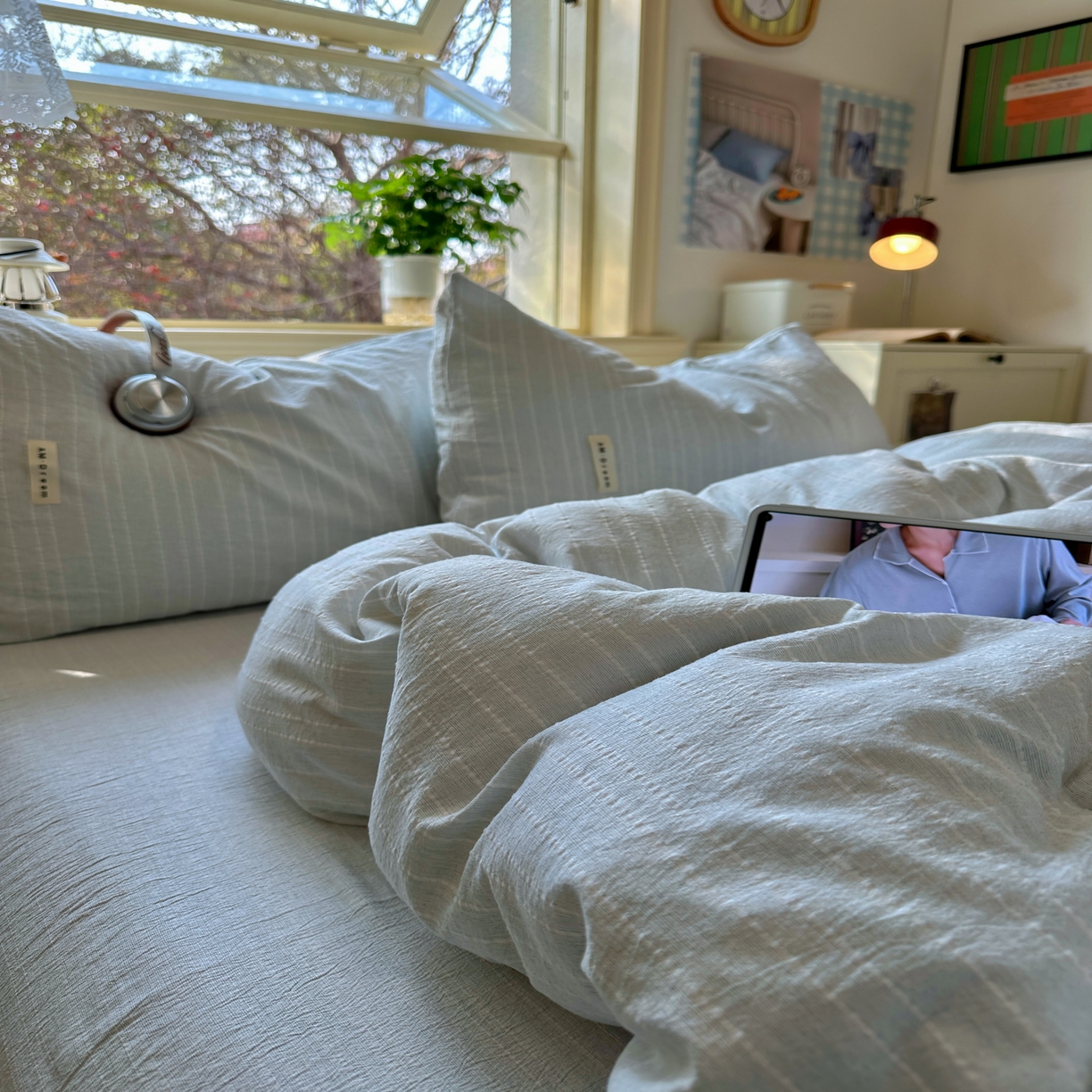 91家纺网 家纺一手货源 找家纺 优兰朵家纺 2026新款简约素色亚麻风纯色无印四件套 浅蓝灰-素然