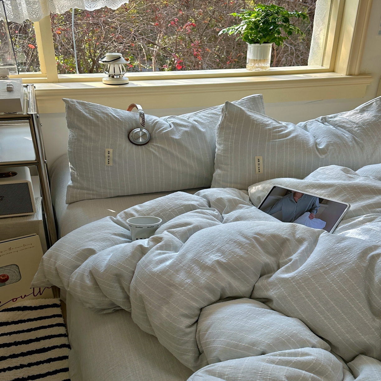 91家纺网 家纺一手货源 找家纺 优兰朵家纺 2026新款简约素色亚麻风纯色无印四件套 浅蓝灰-素然