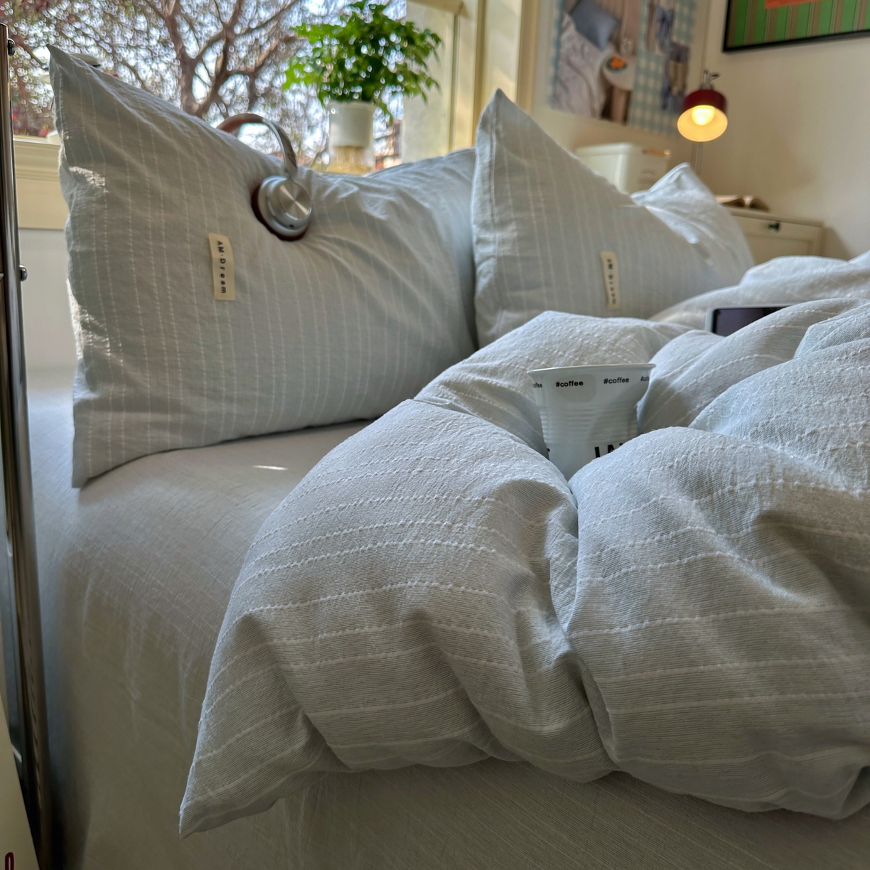 91家纺网 家纺一手货源 找家纺 优兰朵家纺 2026新款简约素色亚麻风纯色无印四件套 浅蓝灰-素然