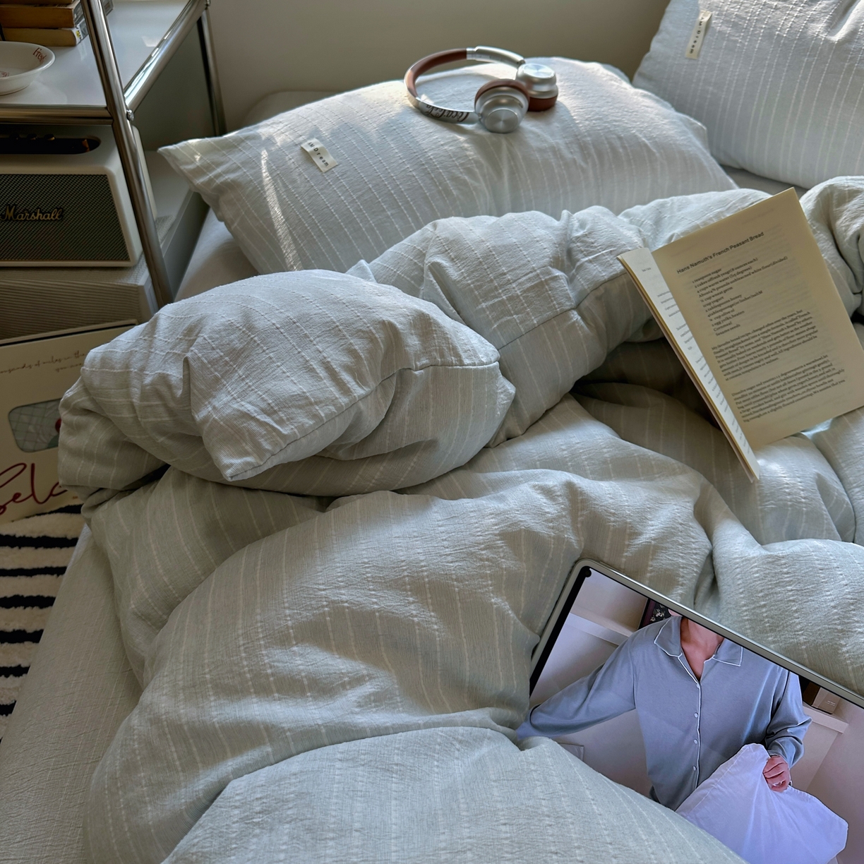 91家纺网 家纺一手货源 找家纺 优兰朵家纺 2026新款简约素色亚麻风纯色无印四件套 浅蓝灰-素然