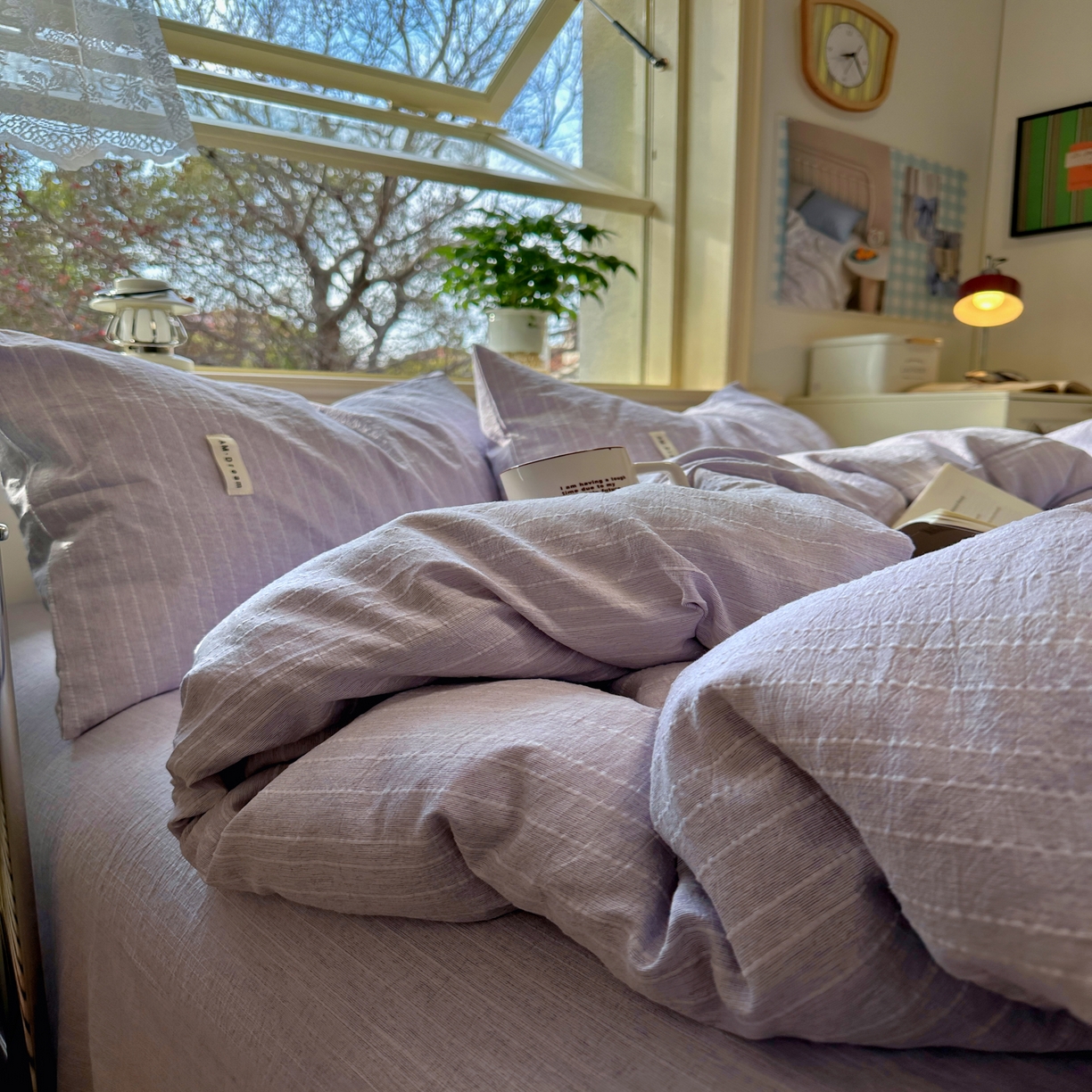 91家纺网 家纺一手货源 找家纺 优兰朵家纺 2026新款简约素色亚麻风纯色无印四件套 浅紫-素然