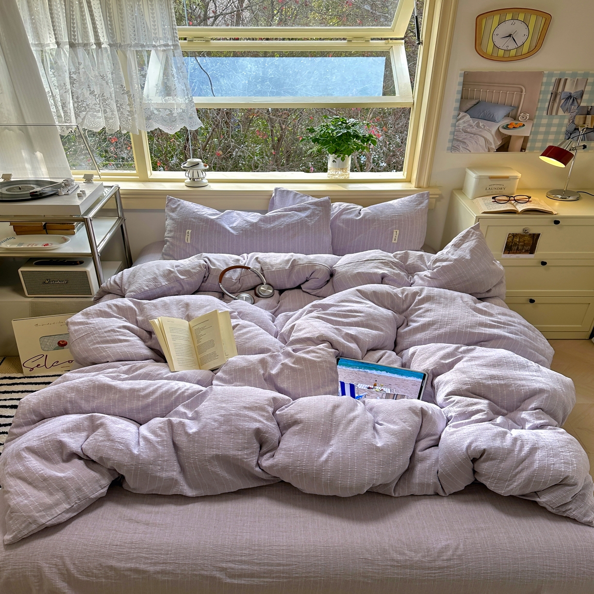 优兰朵家纺 2026新款简约素色亚麻风纯色无印四件套 浅紫-素然