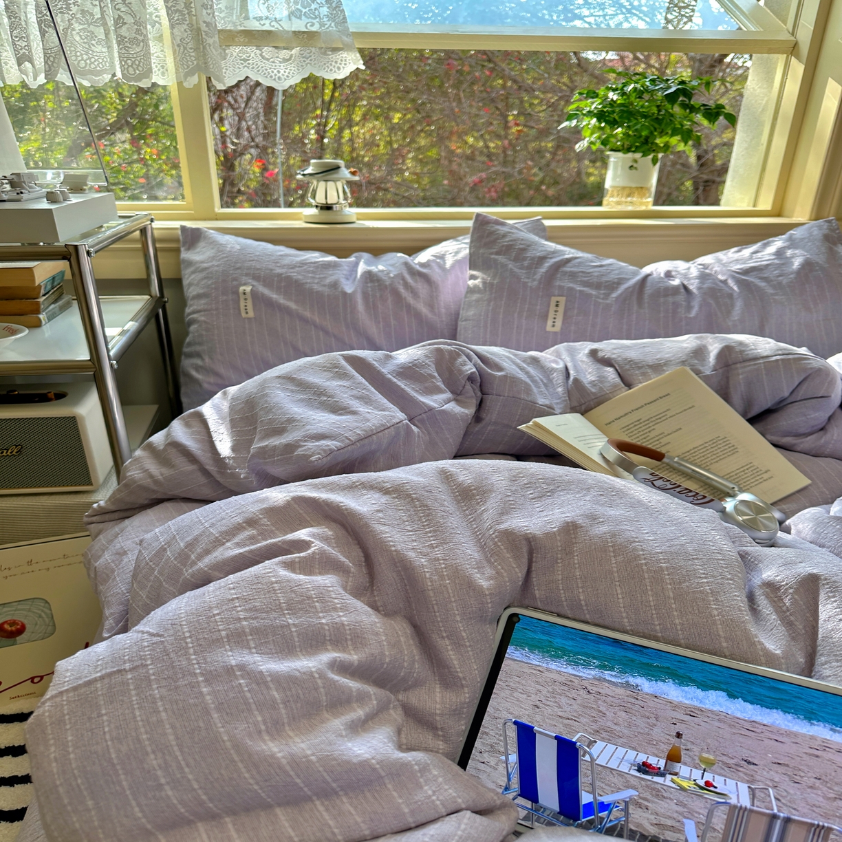 91家纺网 家纺一手货源 找家纺 优兰朵家纺 2026新款简约素色亚麻风纯色无印四件套 浅紫-素然