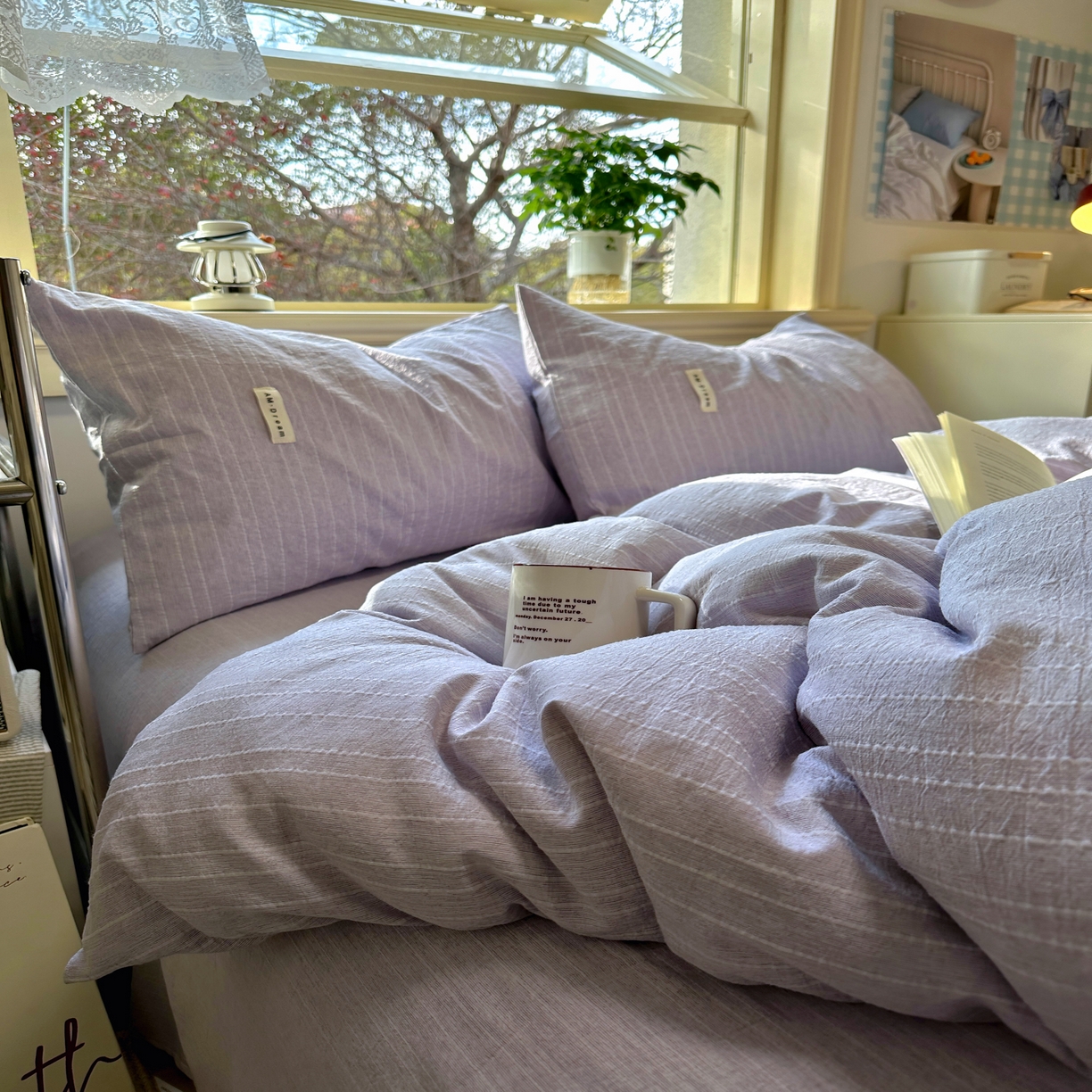 91家纺网 家纺一手货源 找家纺 优兰朵家纺 2026新款简约素色亚麻风纯色无印四件套 浅紫-素然