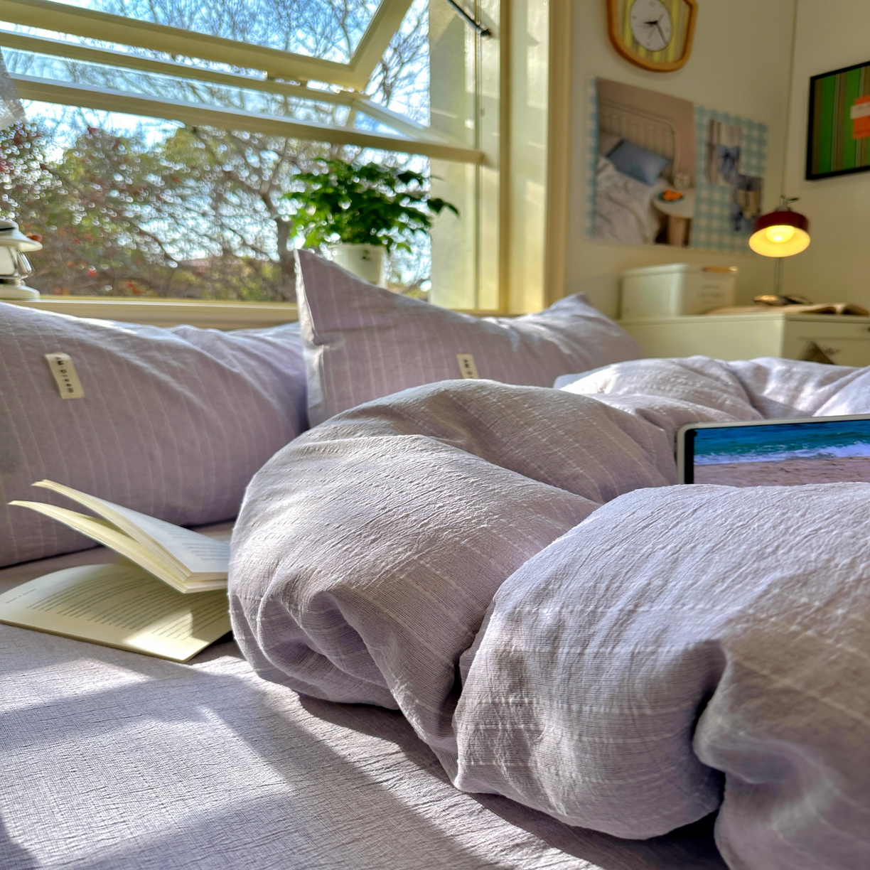 91家纺网 家纺一手货源 找家纺 优兰朵家纺 2026新款简约素色亚麻风纯色无印四件套 浅紫-素然