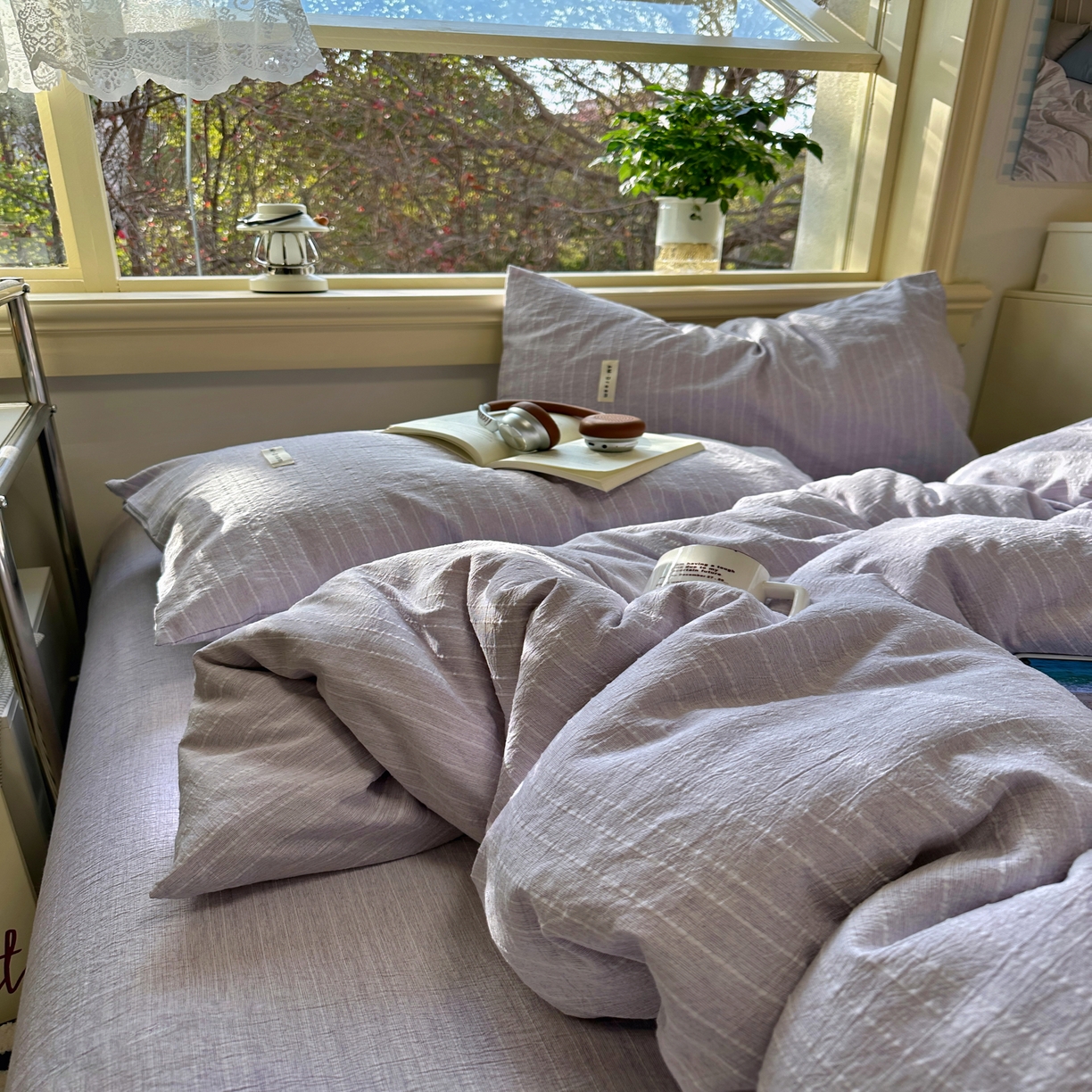 91家纺网 家纺一手货源 找家纺 优兰朵家纺 2026新款简约素色亚麻风纯色无印四件套 浅紫-素然