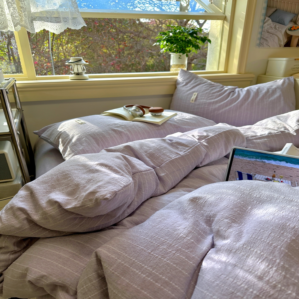 91家纺网 家纺一手货源 找家纺 优兰朵家纺 2026新款简约素色亚麻风纯色无印四件套 浅紫-素然