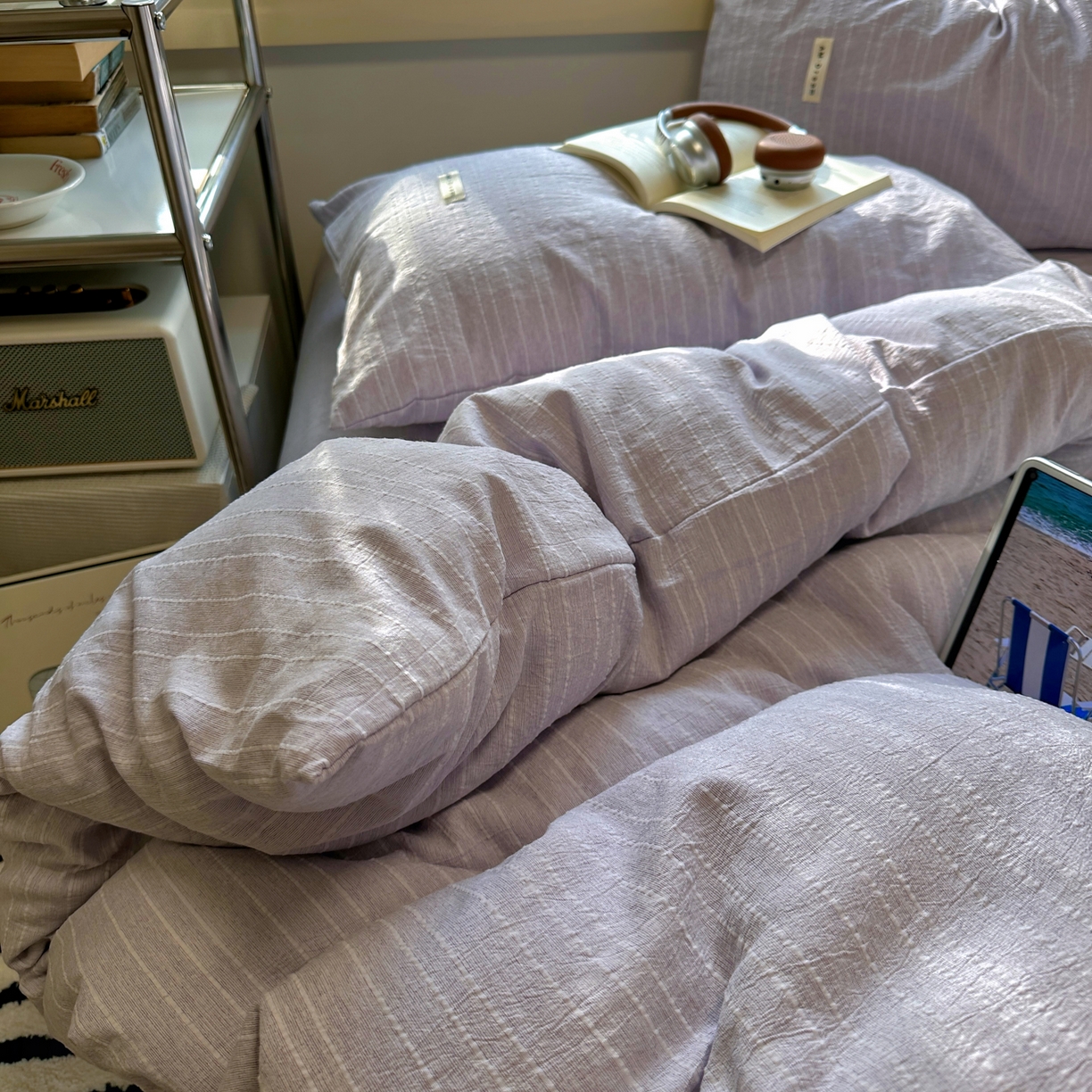 91家纺网 家纺一手货源 找家纺 优兰朵家纺 2026新款简约素色亚麻风纯色无印四件套 浅紫-素然