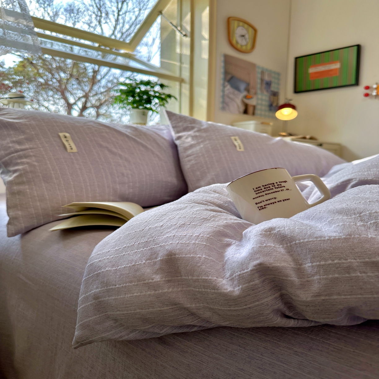 91家纺网 家纺一手货源 找家纺 优兰朵家纺 2026新款简约素色亚麻风纯色无印四件套 浅紫-素然