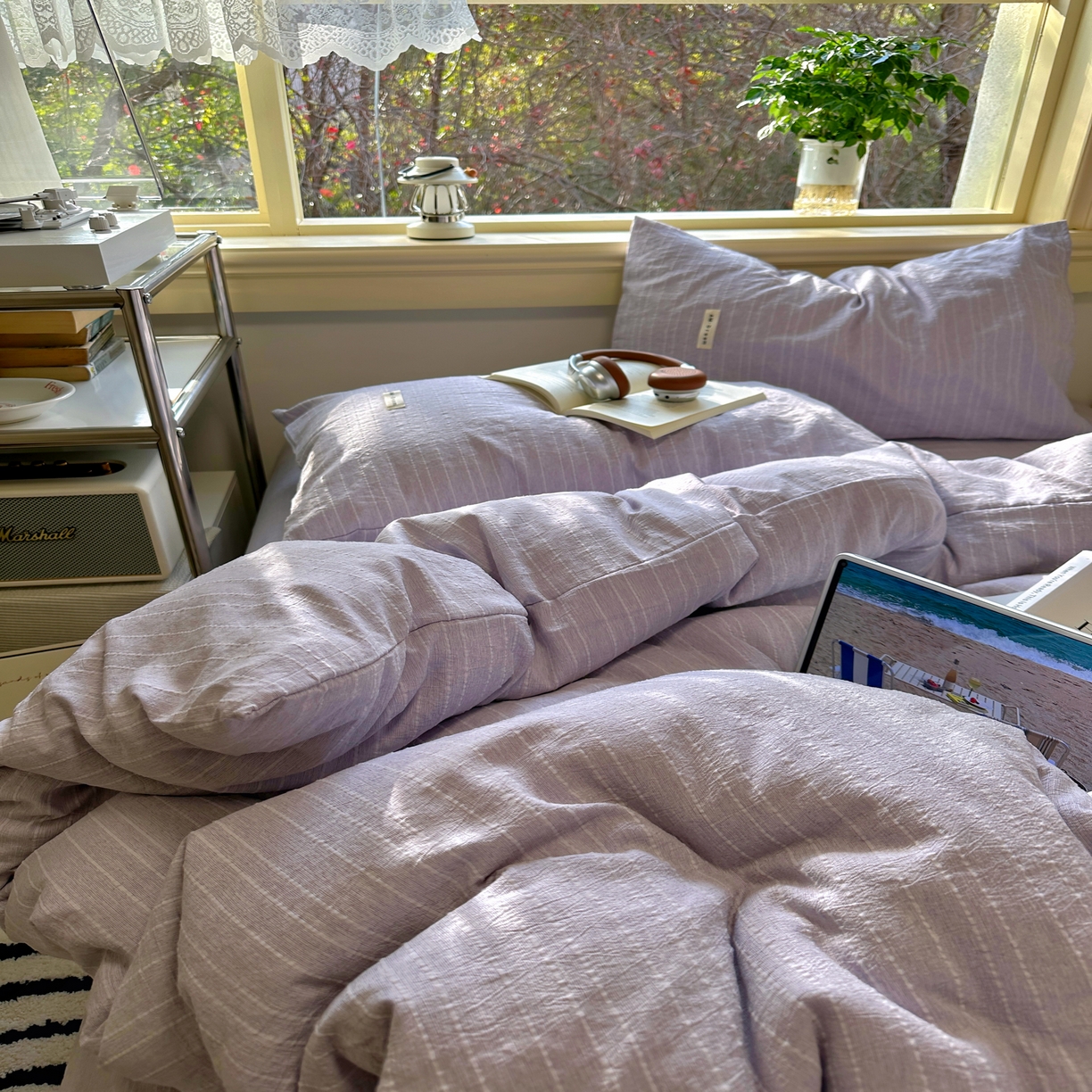 91家纺网 家纺一手货源 找家纺 优兰朵家纺 2026新款简约素色亚麻风纯色无印四件套 浅紫-素然