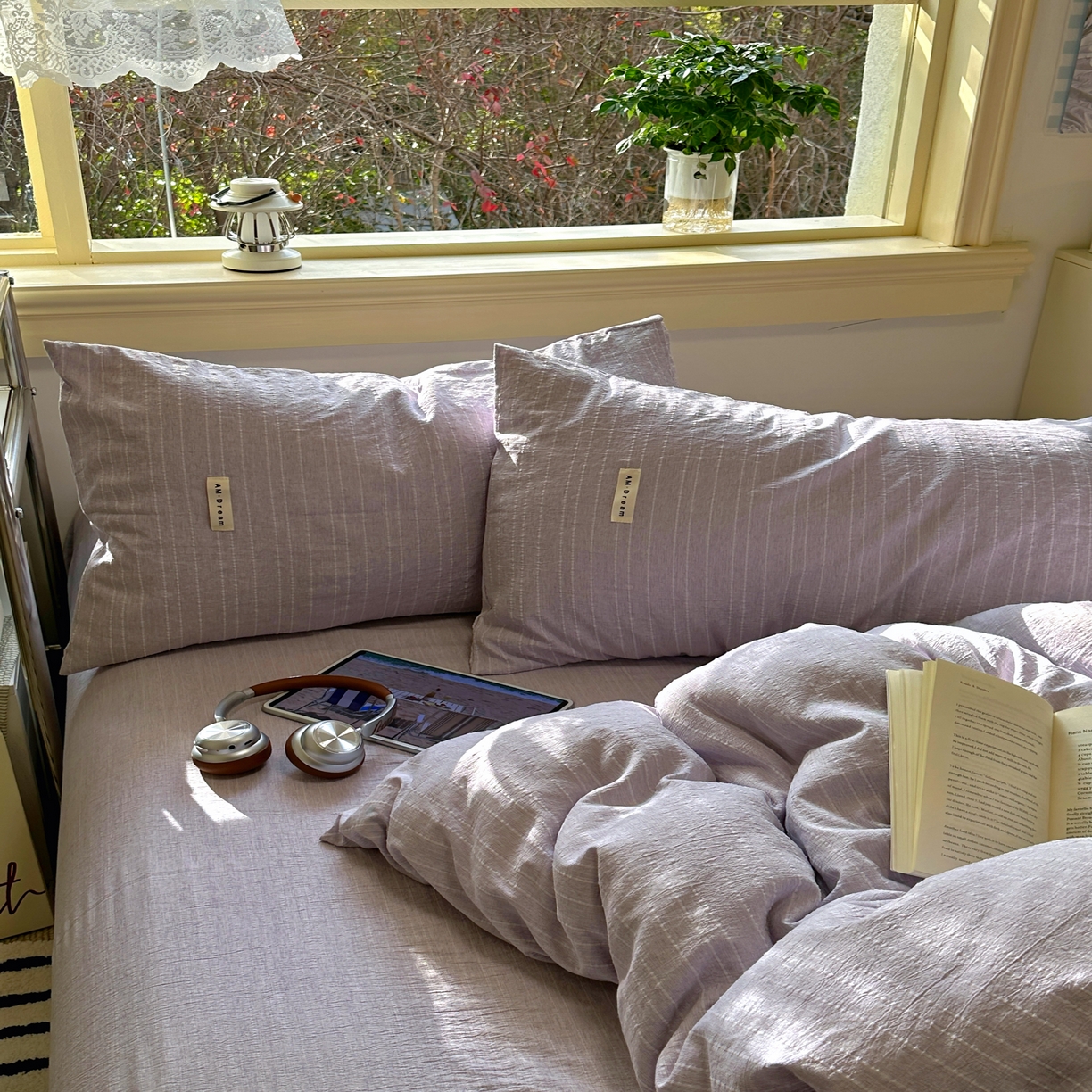 91家纺网 家纺一手货源 找家纺 优兰朵家纺 2026新款简约素色亚麻风纯色无印四件套 浅紫-素然