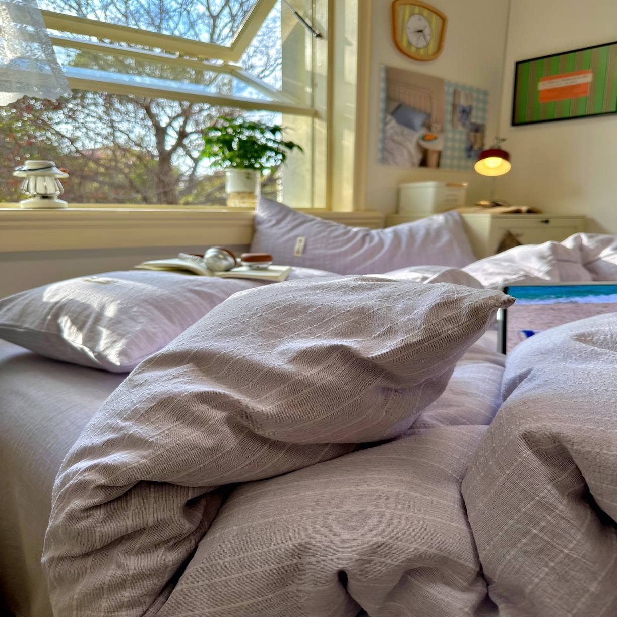 91家纺网 家纺一手货源 找家纺 优兰朵家纺 2026新款简约素色亚麻风纯色无印四件套 浅紫-素然