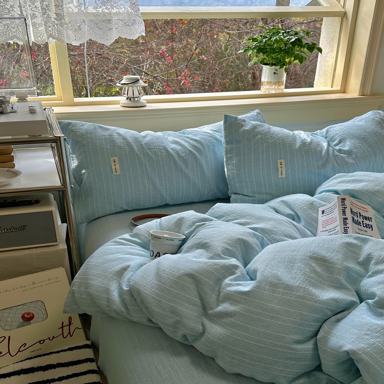 91家纺网 家纺一手货源 找家纺 优兰朵家纺 2026新款简约素色亚麻风纯色无印四件套 天蓝-素然