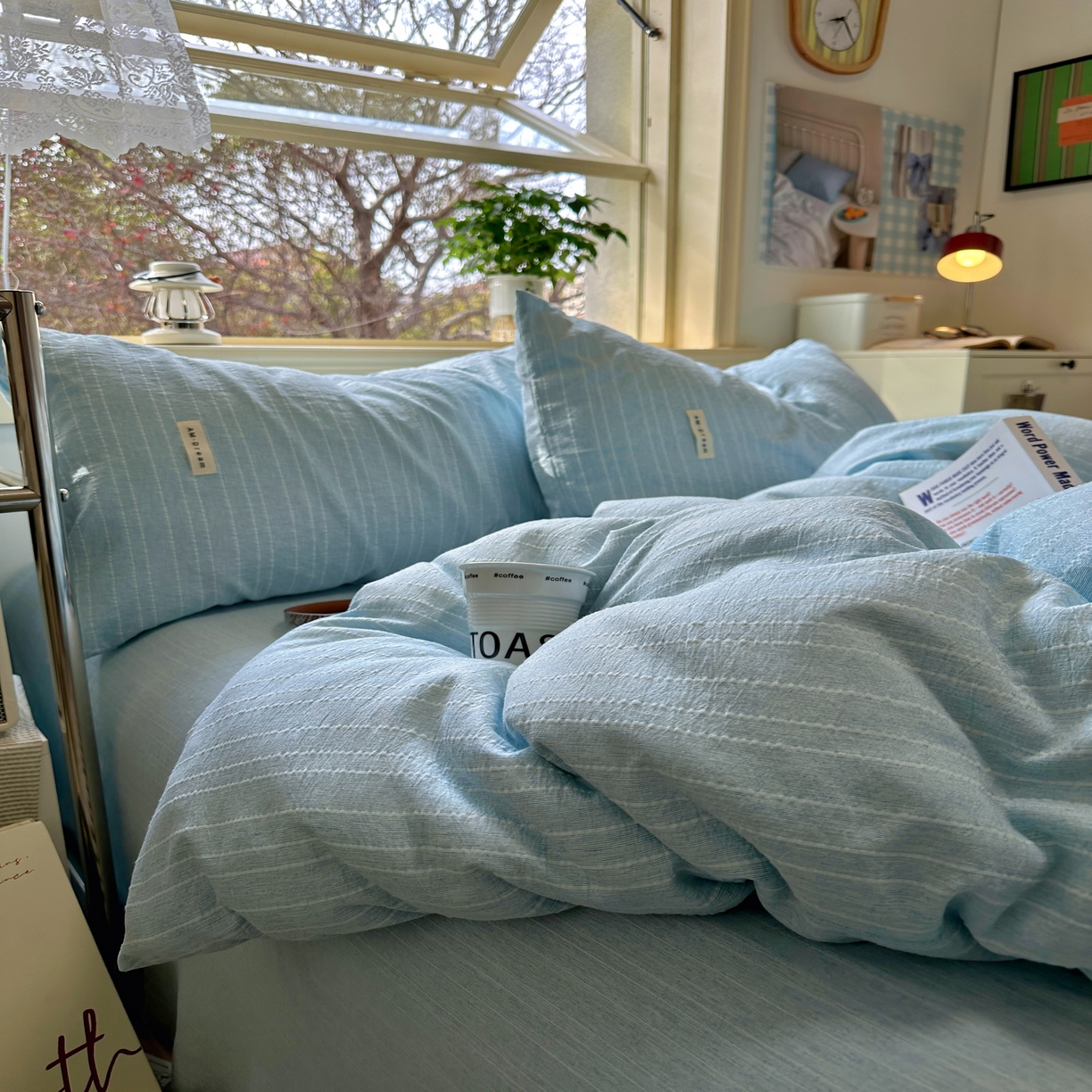 91家纺网 家纺一手货源 找家纺 优兰朵家纺 2026新款简约素色亚麻风纯色无印四件套 天蓝-素然