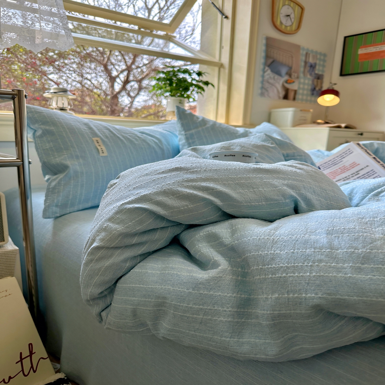 91家纺网 家纺一手货源 找家纺 优兰朵家纺 2026新款简约素色亚麻风纯色无印四件套 天蓝-素然