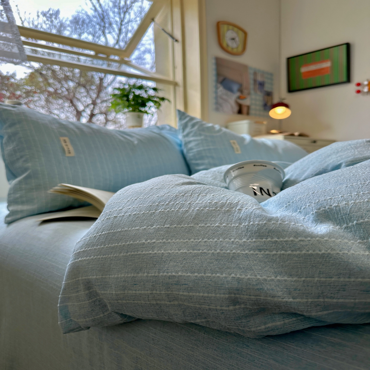 91家纺网 家纺一手货源 找家纺 优兰朵家纺 2026新款简约素色亚麻风纯色无印四件套 天蓝-素然