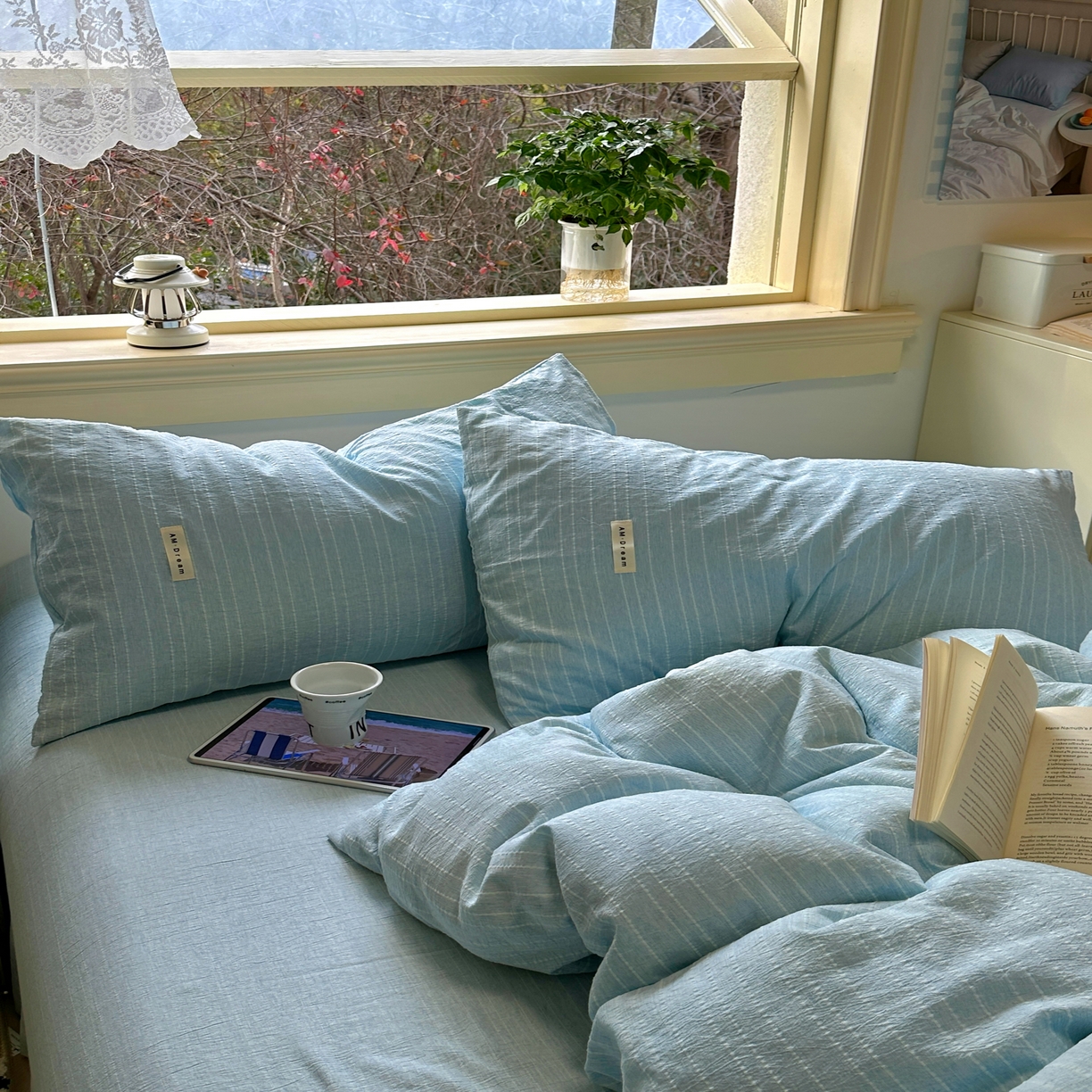 91家纺网 家纺一手货源 找家纺 优兰朵家纺 2026新款简约素色亚麻风纯色无印四件套 天蓝-素然