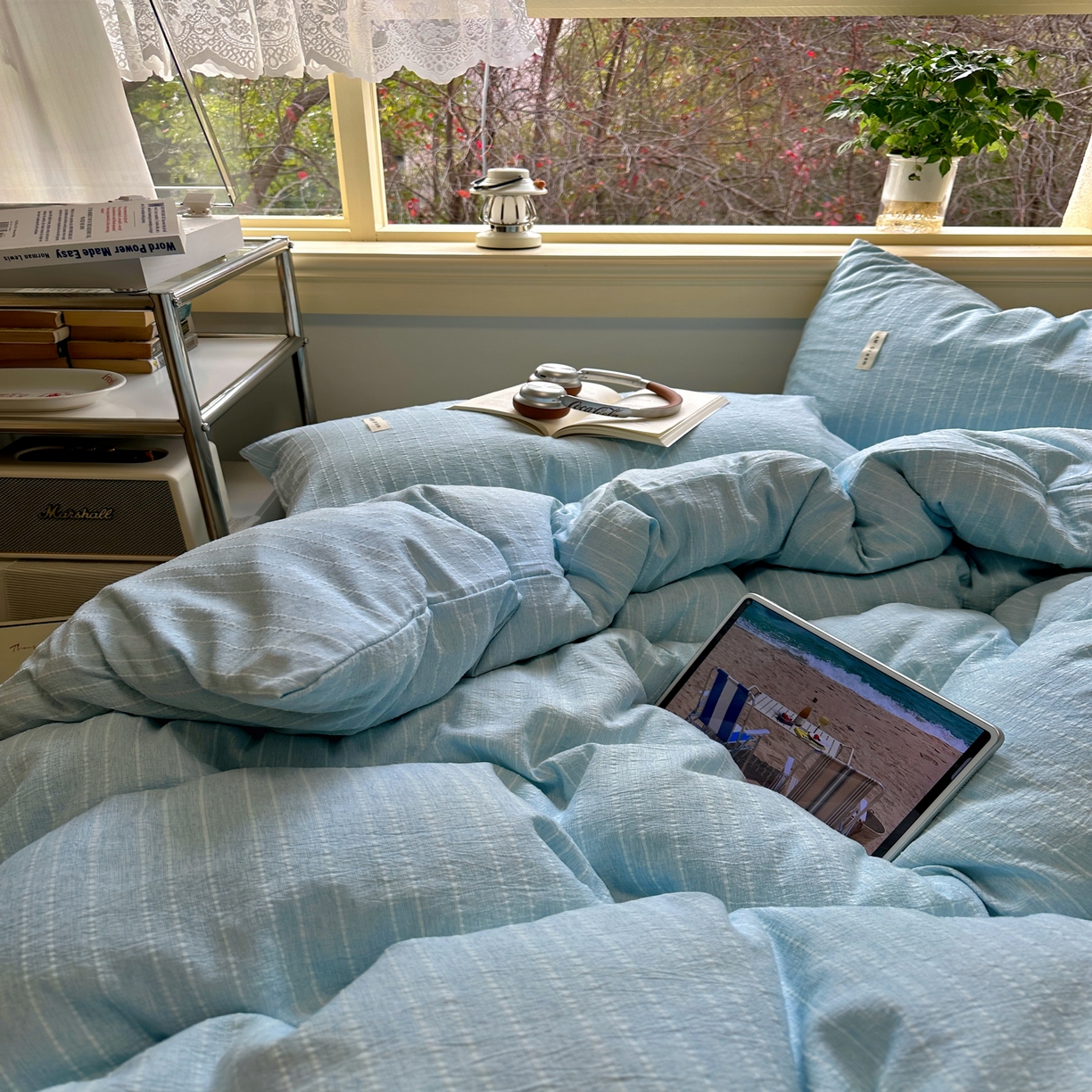 91家纺网 家纺一手货源 找家纺 优兰朵家纺 2026新款简约素色亚麻风纯色无印四件套 天蓝-素然