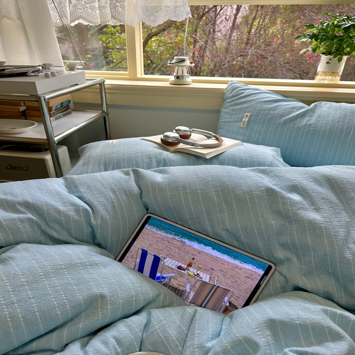 91家纺网 家纺一手货源 找家纺 优兰朵家纺 2026新款简约素色亚麻风纯色无印四件套 天蓝-素然