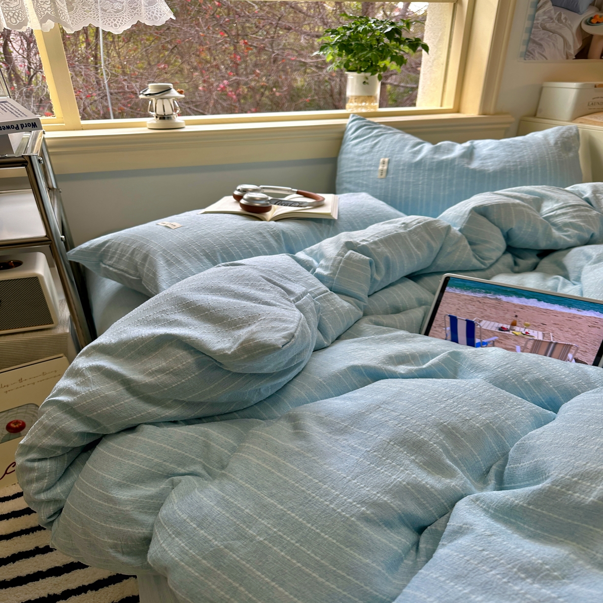 91家纺网 家纺一手货源 找家纺 优兰朵家纺 2026新款简约素色亚麻风纯色无印四件套 天蓝-素然