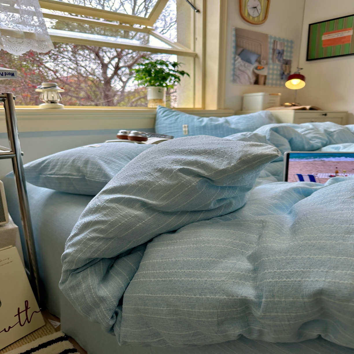 91家纺网 家纺一手货源 找家纺 优兰朵家纺 2026新款简约素色亚麻风纯色无印四件套 天蓝-素然