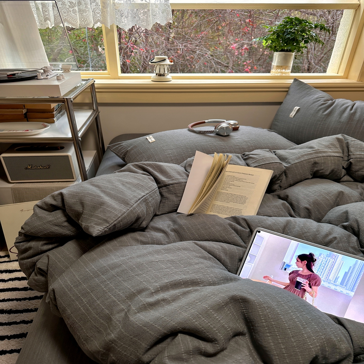 91家纺网 家纺一手货源 找家纺 优兰朵家纺 2026新款简约素色亚麻风纯色无印四件套 烟灰-素然