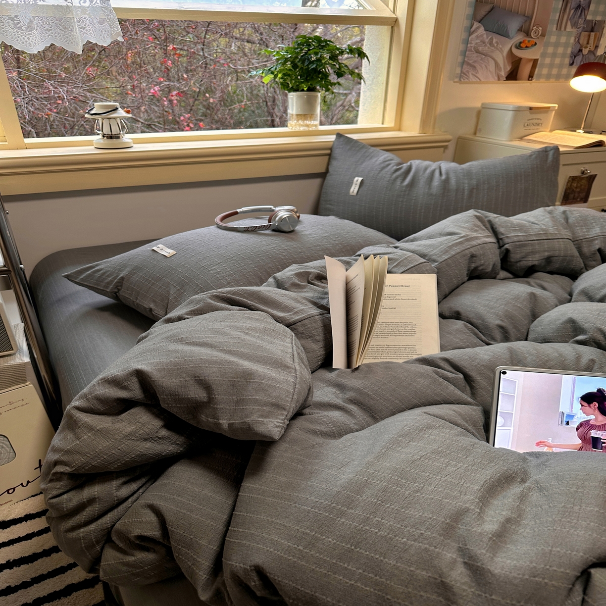 91家纺网 家纺一手货源 找家纺 优兰朵家纺 2026新款简约素色亚麻风纯色无印四件套 烟灰-素然