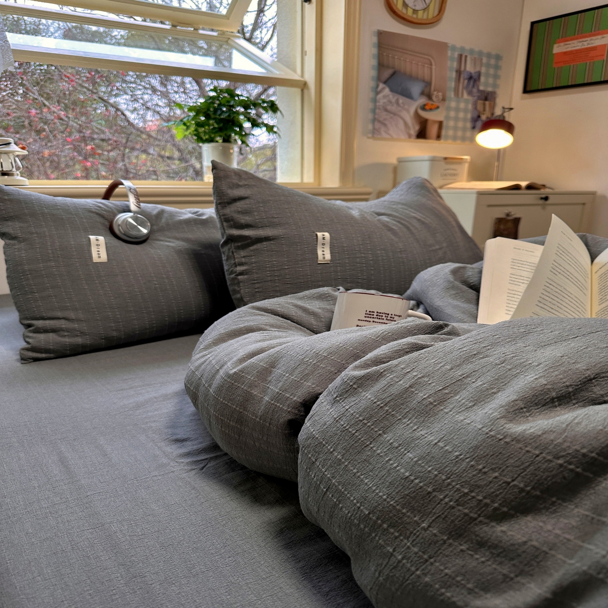 91家纺网 家纺一手货源 找家纺 优兰朵家纺 2026新款简约素色亚麻风纯色无印四件套 烟灰-素然