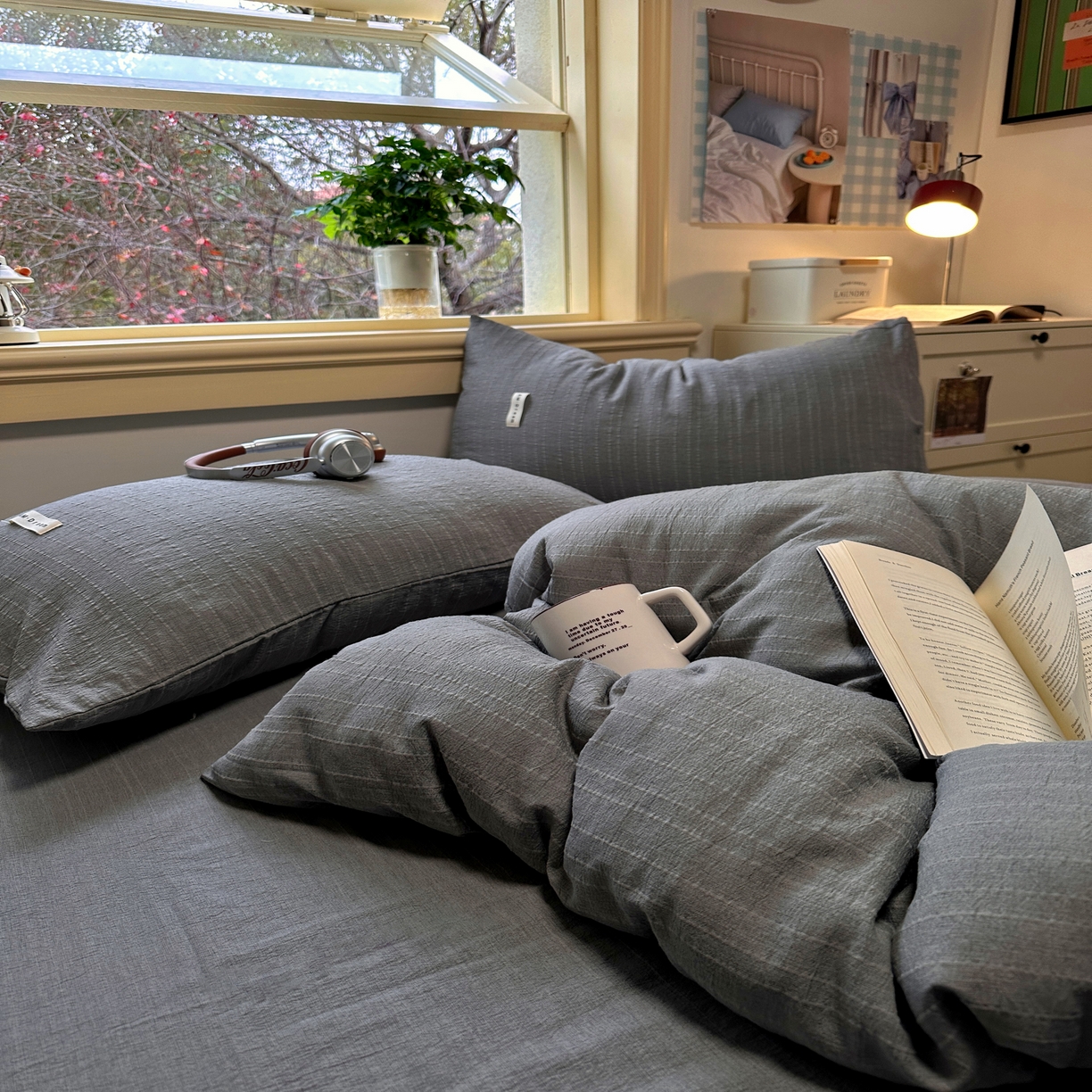 91家纺网 家纺一手货源 找家纺 优兰朵家纺 2026新款简约素色亚麻风纯色无印四件套 烟灰-素然