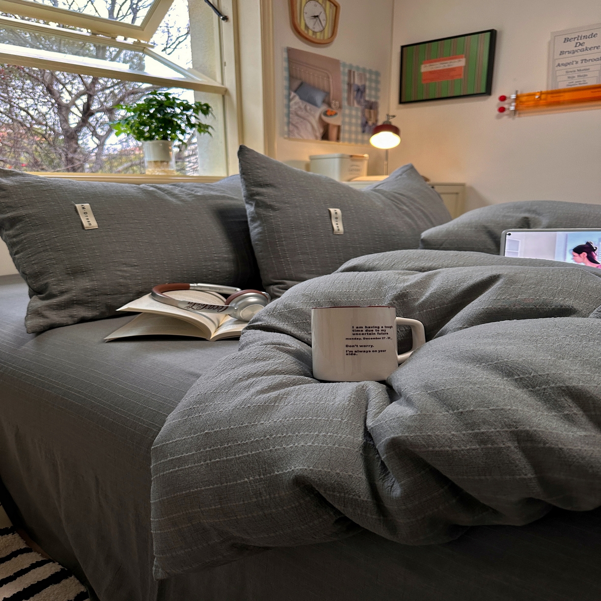 91家纺网 家纺一手货源 找家纺 优兰朵家纺 2026新款简约素色亚麻风纯色无印四件套 烟灰-素然