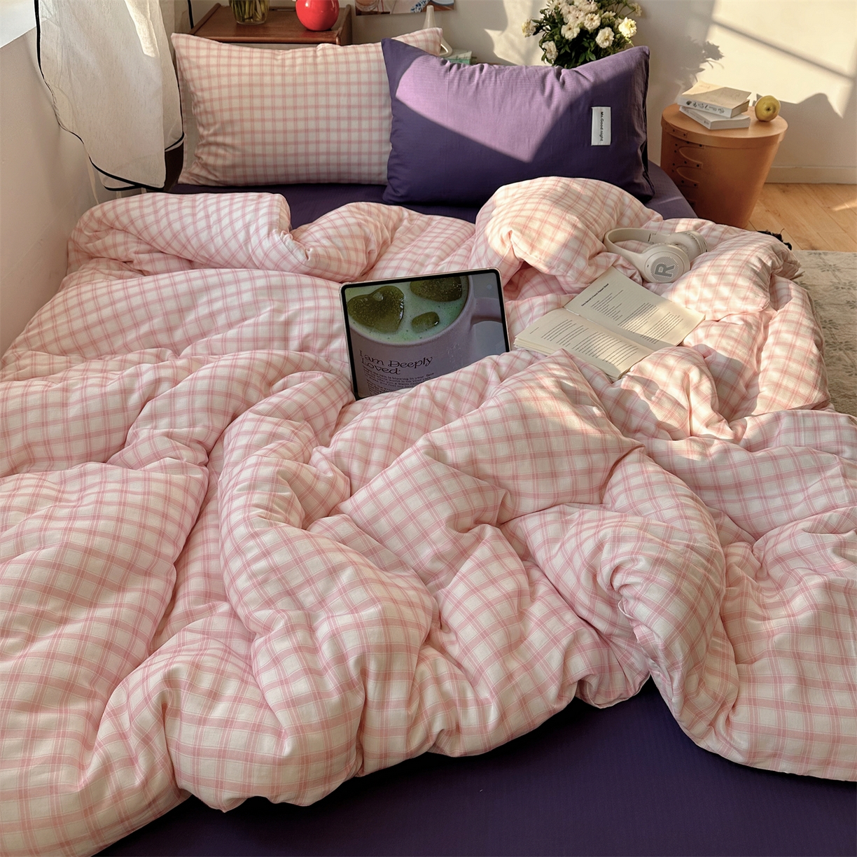 91家纺网 家纺一手货源 找家纺 （总）三朵家纺 2026新款全棉纯棉双层纱方糖系列四件套