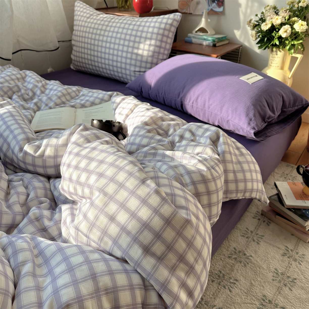 91家纺网 家纺一手货源 找家纺 三朵家纺 2026新款全棉纯棉双层纱方糖系列四件套 方糖-紫