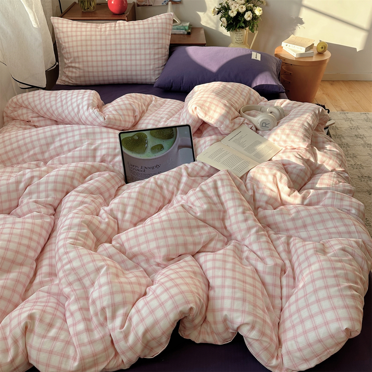 91家纺网 家纺一手货源 找家纺 三朵家纺 2026新款全棉纯棉双层纱方糖系列四件套 方糖-粉