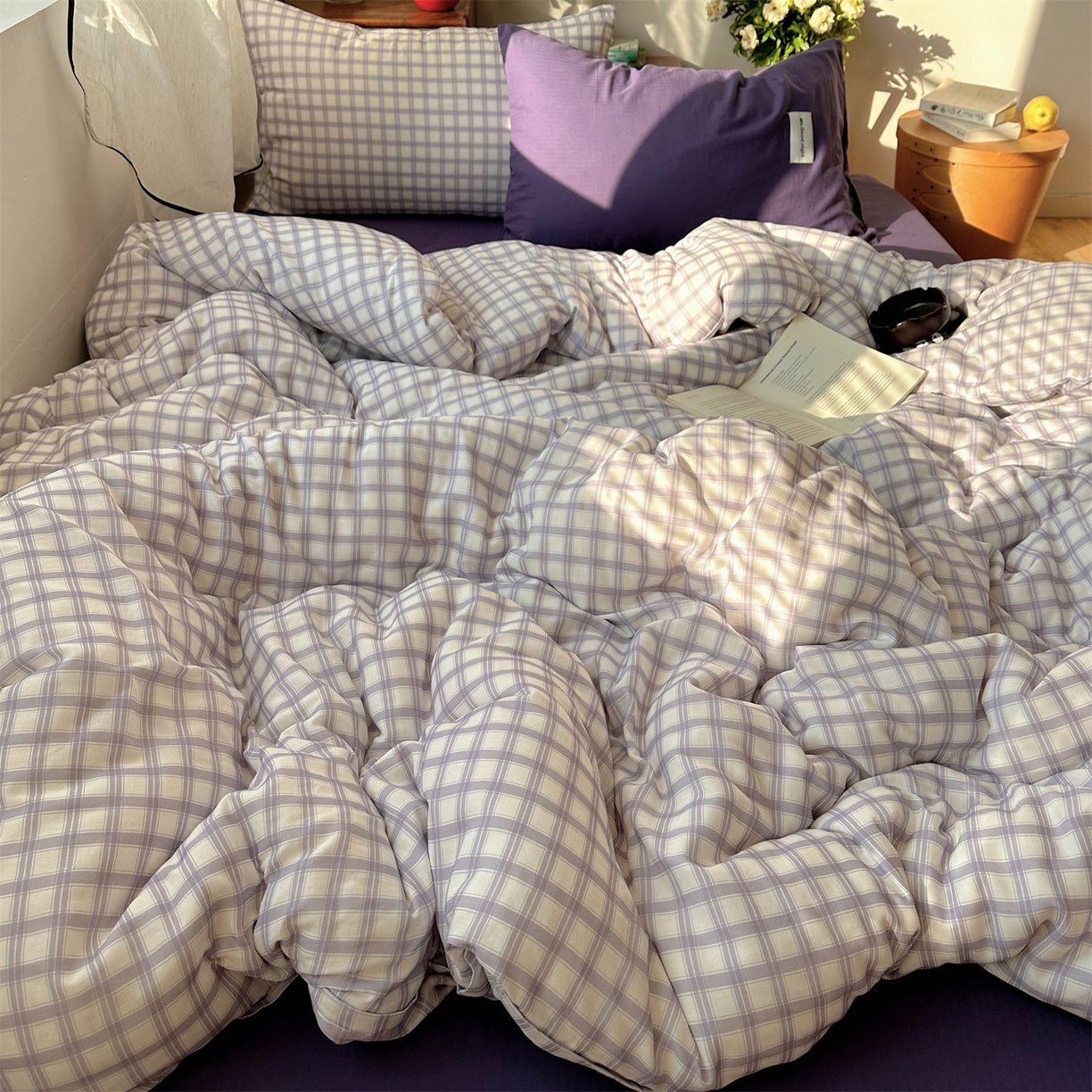 91家纺网 家纺一手货源 找家纺 三朵家纺 2026新款全棉纯棉双层纱方糖系列四件套 方糖-紫