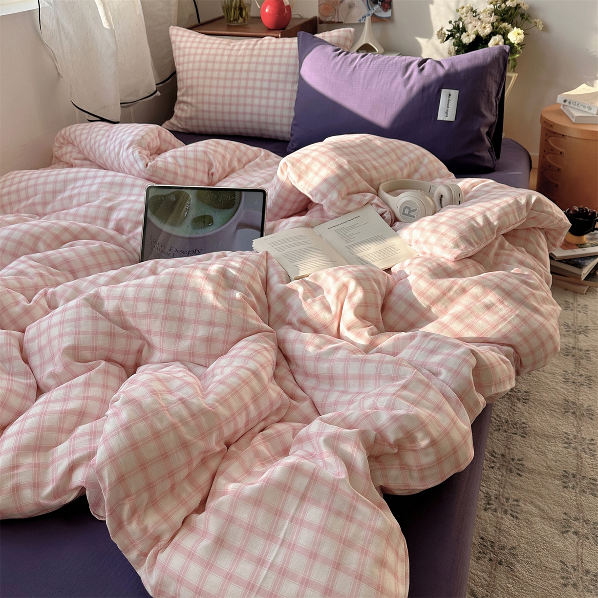 91家纺网 家纺一手货源 找家纺 三朵家纺 2026新款全棉纯棉双层纱方糖系列四件套 方糖-粉