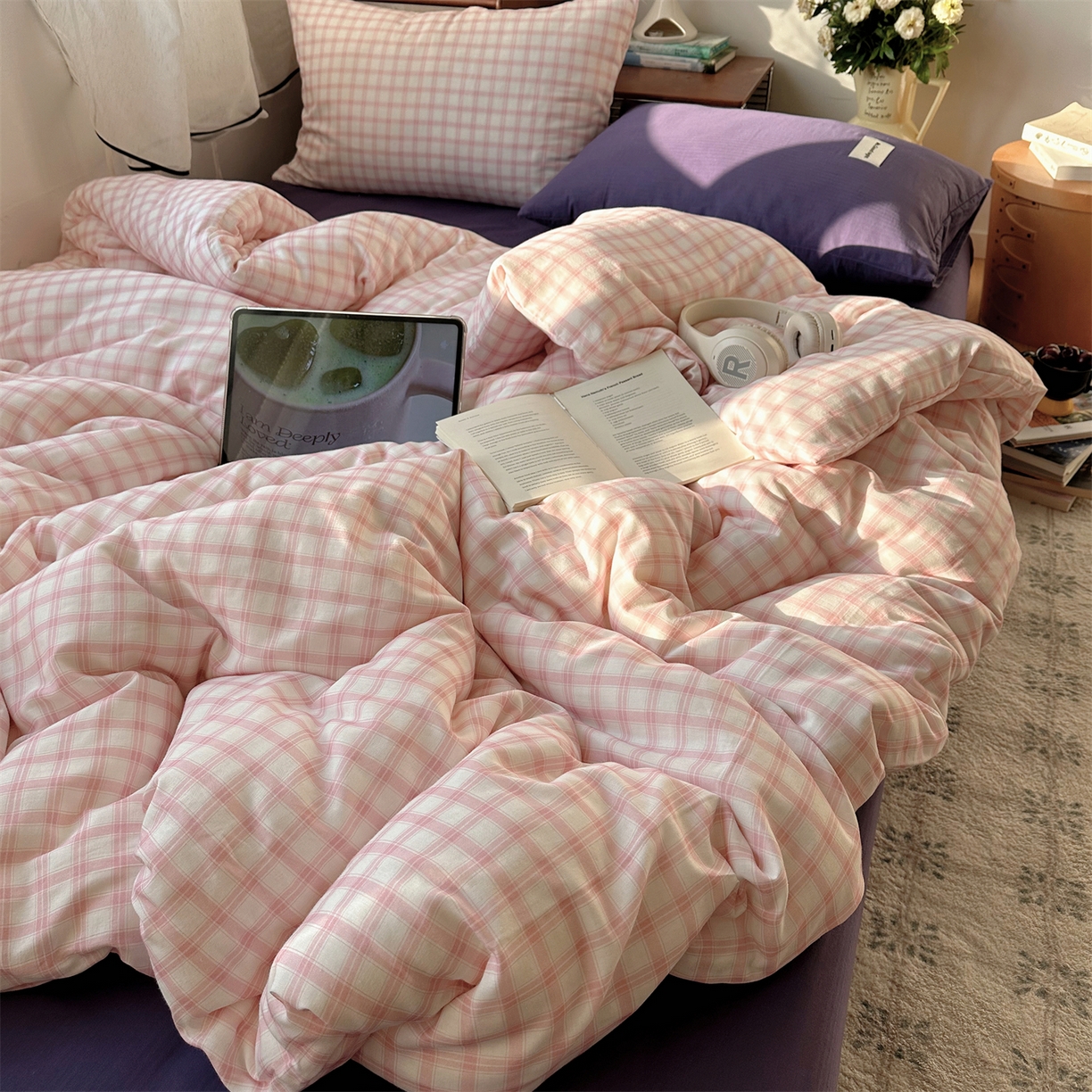 91家纺网 家纺一手货源 找家纺 （总）三朵家纺 2026新款全棉纯棉双层纱方糖系列四件套