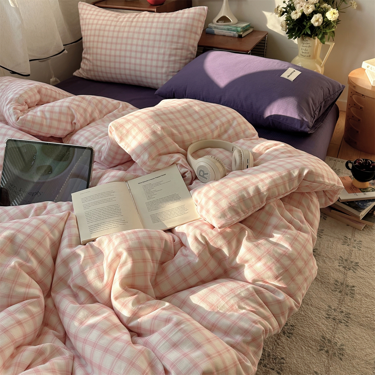 91家纺网 家纺一手货源 找家纺 （总）三朵家纺 2026新款全棉纯棉双层纱方糖系列四件套