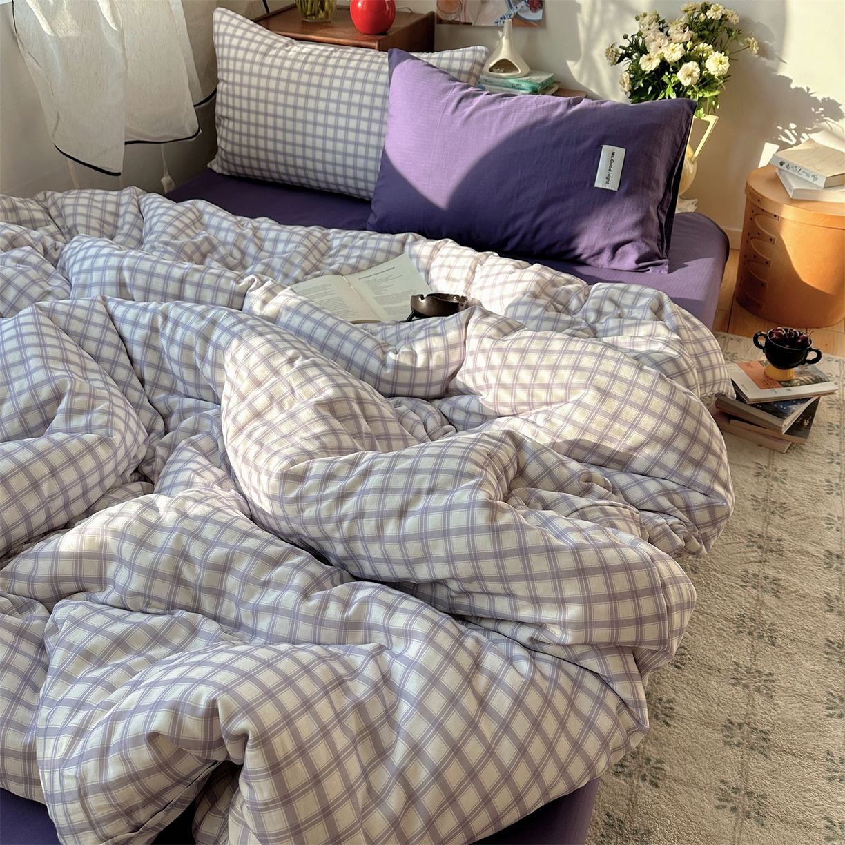 91家纺网 家纺一手货源 找家纺 三朵家纺 2026新款全棉纯棉双层纱方糖系列四件套 方糖-紫