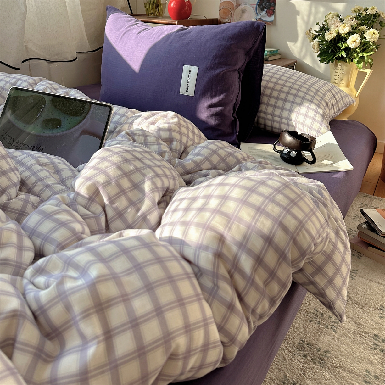 91家纺网 家纺一手货源 找家纺 三朵家纺 2026新款全棉纯棉双层纱方糖系列四件套 方糖-紫