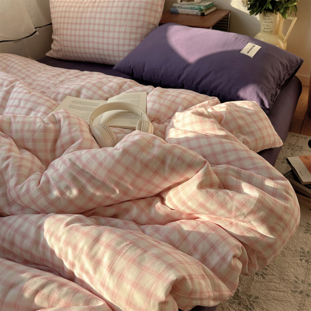 91家纺网 家纺一手货源 找家纺 三朵家纺 2026新款全棉纯棉双层纱方糖系列四件套 方糖-粉