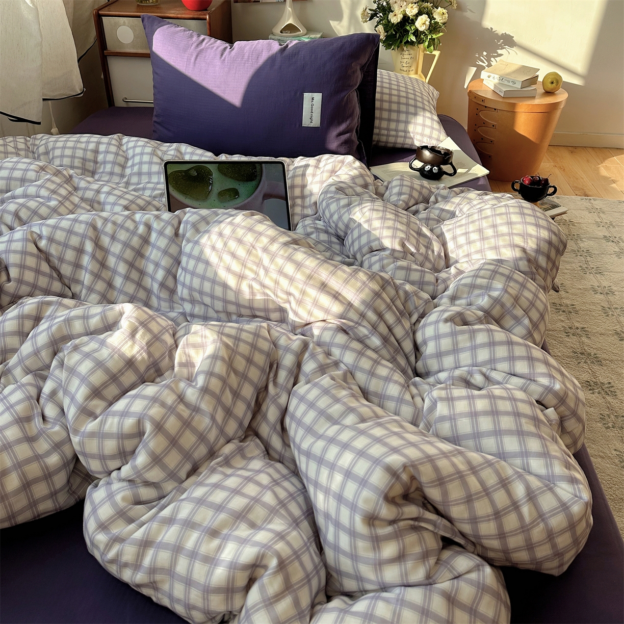 91家纺网 家纺一手货源 找家纺 三朵家纺 2026新款全棉纯棉双层纱方糖系列四件套 方糖-紫