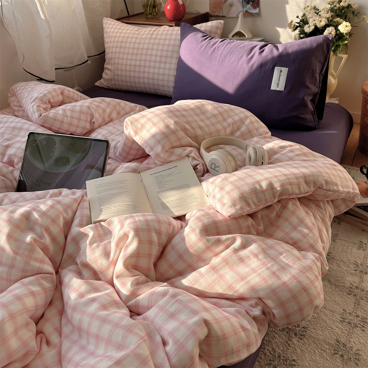 91家纺网 家纺一手货源 找家纺 三朵家纺 2026新款全棉纯棉双层纱方糖系列四件套 方糖-粉