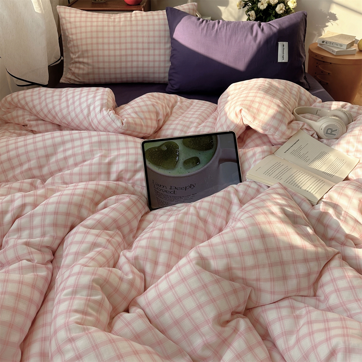 91家纺网 家纺一手货源 找家纺 三朵家纺 2026新款全棉纯棉双层纱方糖系列四件套 方糖-粉