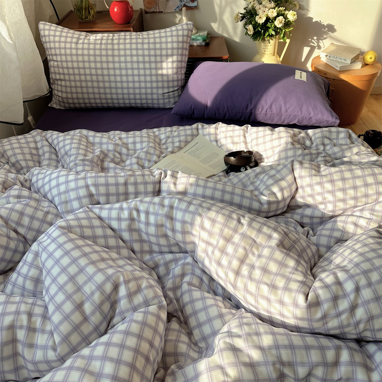 91家纺网 家纺一手货源 找家纺 三朵家纺 2026新款全棉纯棉双层纱方糖系列四件套 方糖-紫