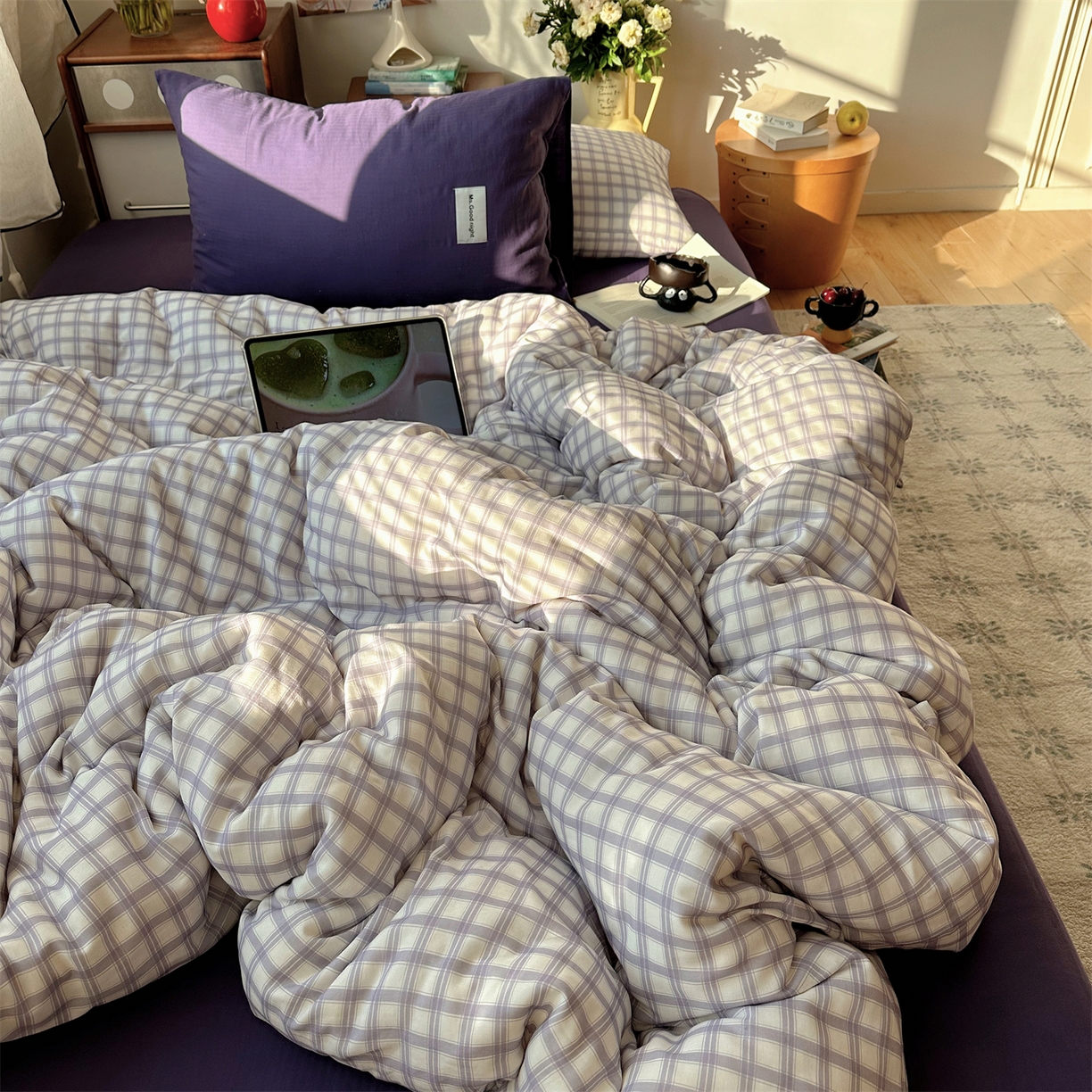 91家纺网 家纺一手货源 找家纺 三朵家纺 2026新款全棉纯棉双层纱方糖系列四件套 方糖-紫