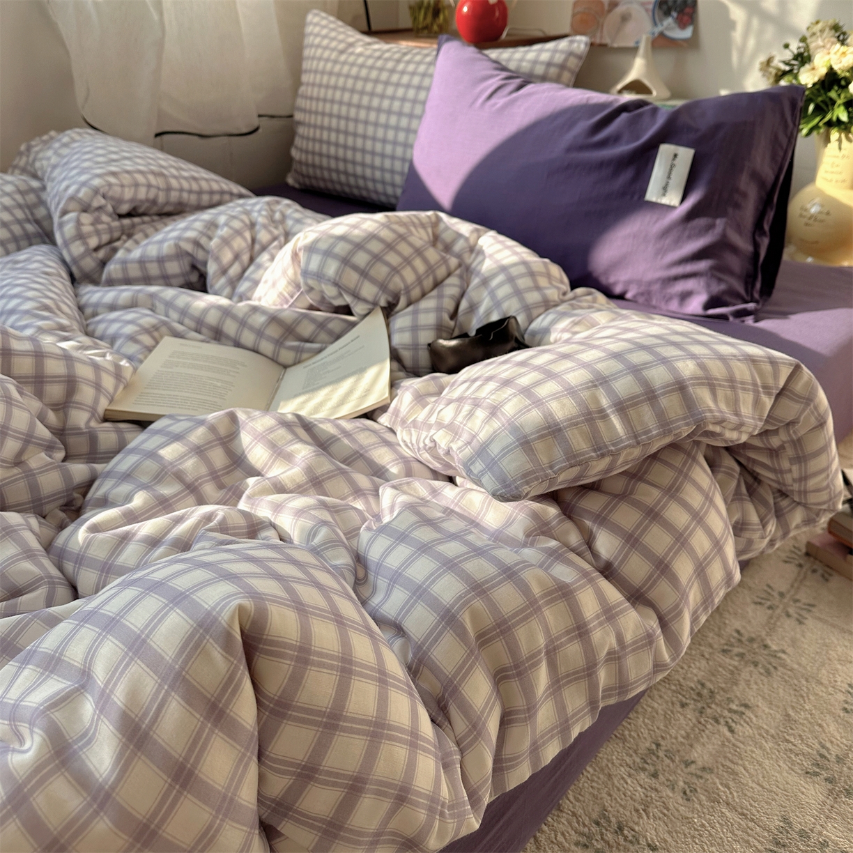 91家纺网 家纺一手货源 找家纺 三朵家纺 2026新款全棉纯棉双层纱方糖系列四件套 方糖-紫