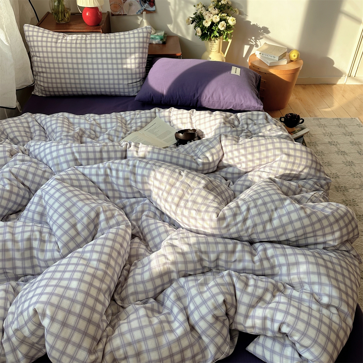 91家纺网 家纺一手货源 找家纺 三朵家纺 2026新款全棉纯棉双层纱方糖系列四件套 方糖-紫