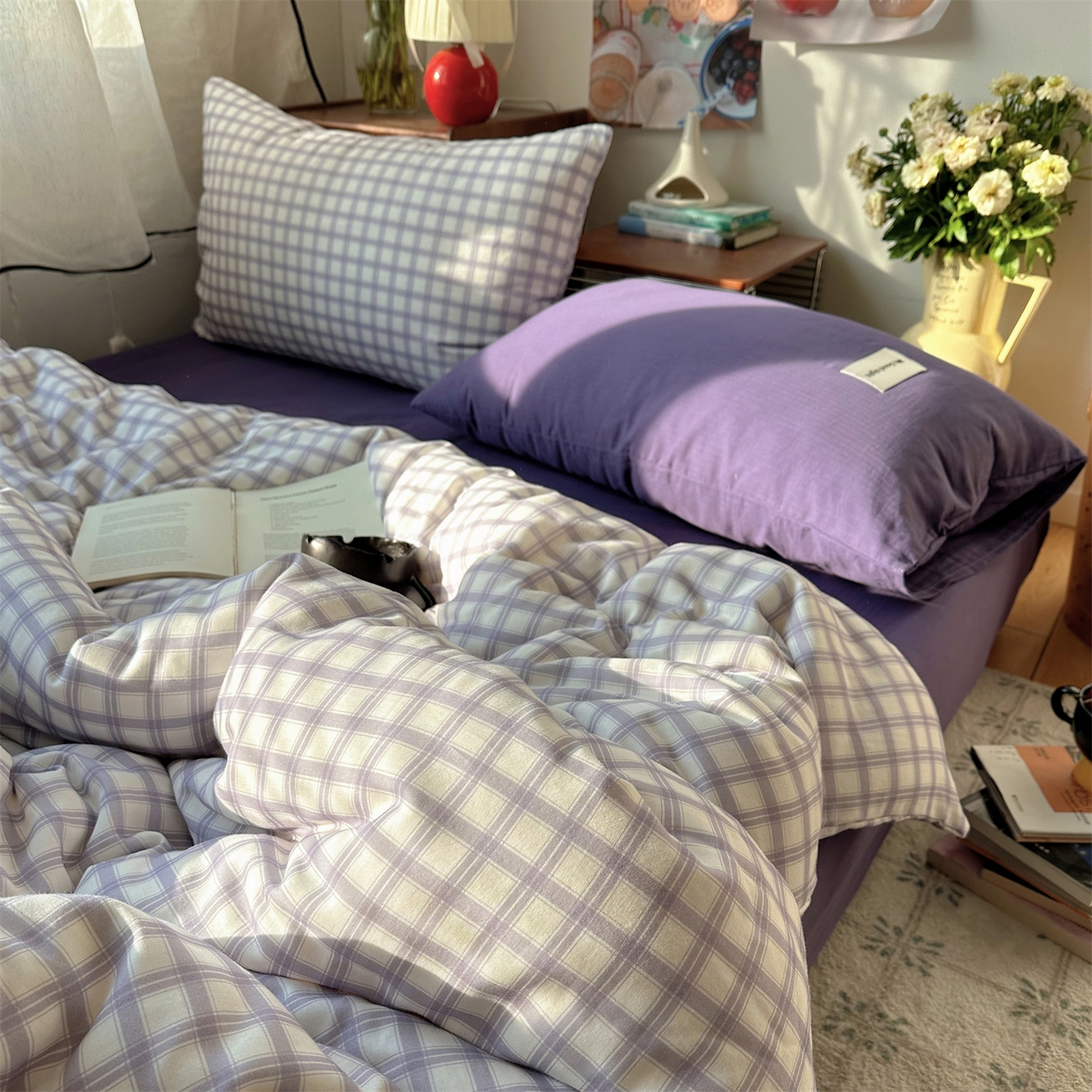 91家纺网 家纺一手货源 找家纺 三朵家纺 2026新款全棉纯棉双层纱方糖系列四件套 方糖-紫