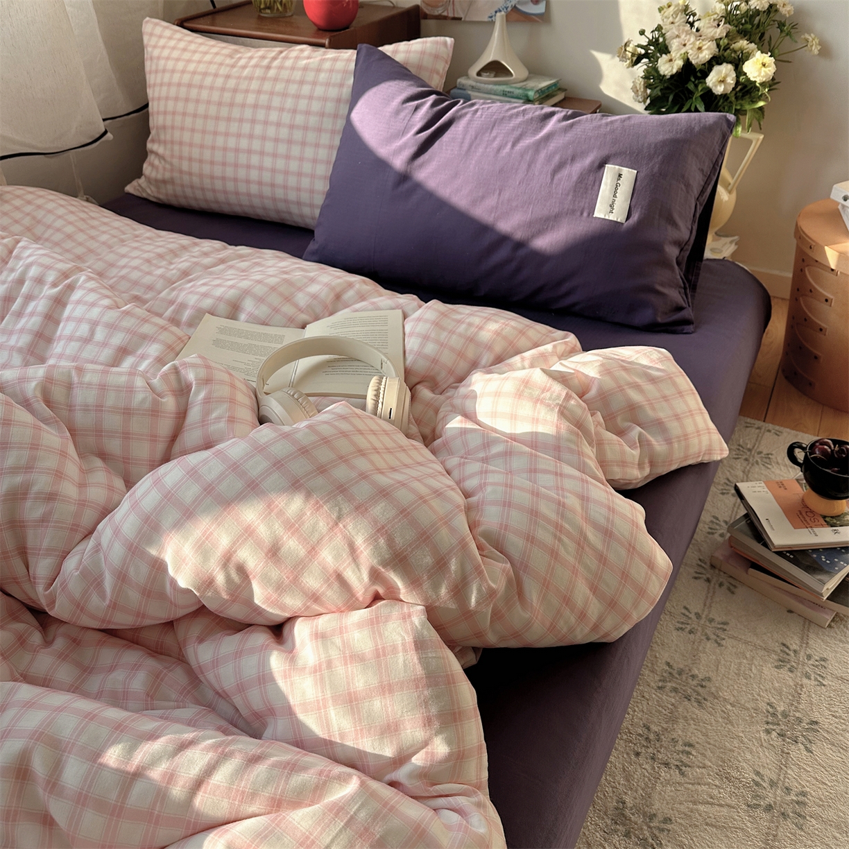 91家纺网 家纺一手货源 找家纺 三朵家纺 2026新款全棉纯棉双层纱方糖系列四件套 方糖-粉